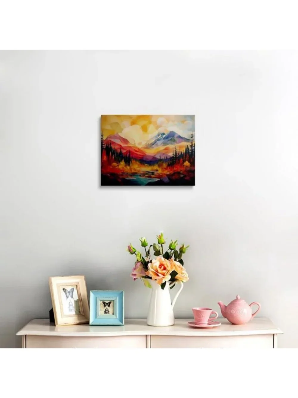 Abstract Mountain Sunset Canvas Art - Framed Geometric Peaks & River Decor 16x24